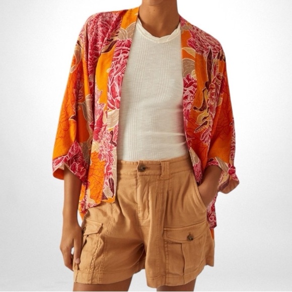 New Bl^nk London Anthropologie Mixed Floral Kimono Jacket SZ OS Pink Combo - Picture 1 of 13
